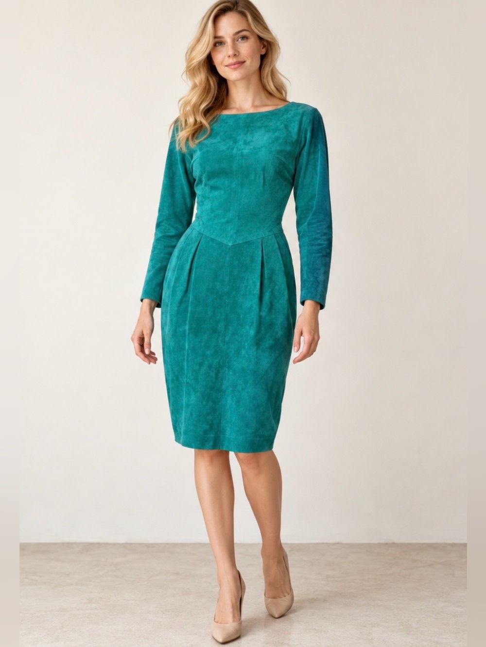 Vintage Lord & Taylor Teal Genuine Suede Leather Sheath Dress Size S-M